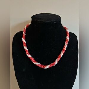 Handmade Red and White glass Beaded candy cane Necklace festive